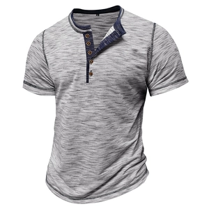 Men's grey space-dye Henley shirt with navy contrast trim and four-button neckline