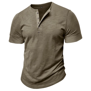 Men's olive green muscle fit Henley t-shirt featuring three-button placket and slub fabric