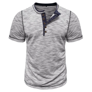 Men's heather grey Henley short sleeve T-shirt with wood-textured buttons and crew neck
