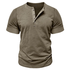 Men's muscle fit short sleeve henley shirt with slub texture in brown army green
