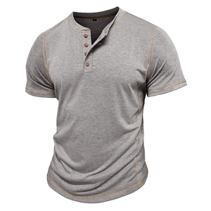 Detail view of heather grey Henley shirt with contrast stitching and brown buttons
