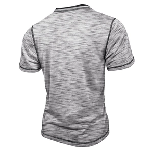 Men's space-dye grey short sleeve Henley T-shirt with black stitching and ergonomic back view
