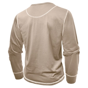 Detail view of khaki long sleeve Henley shirt with white contrast stitching on back