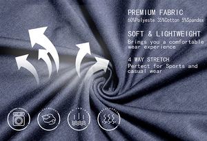 Detail of dark blue-gray 4-way stretch fabric blend showing soft texture and breathability
