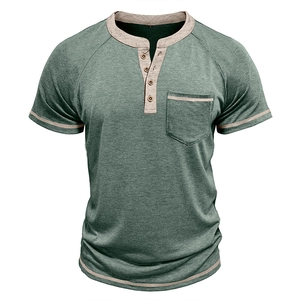 Retro grey-green men's Henley T-shirt with contrast trim and four wooden buttons