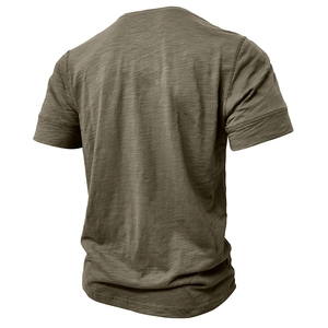 Men's olive green muscle fit Henley T-shirt with premium slub texture from back view