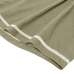 Detail view of olive green knit fabric featuring clean white double-needle hem stitching