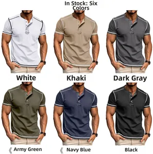 Detail view of men's Henley shirt with three-button neckline in six colors and topstitching