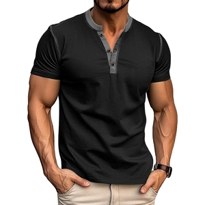 Detail of muscle fit Henley shirt featuring grey contrast collar and button placket
