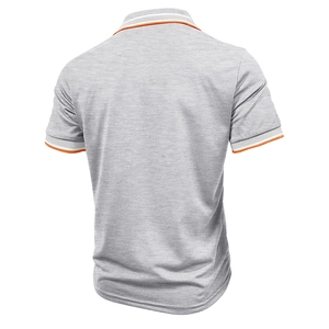 Detailed back view of men's heather gray polo shirt with orange striped collar accents