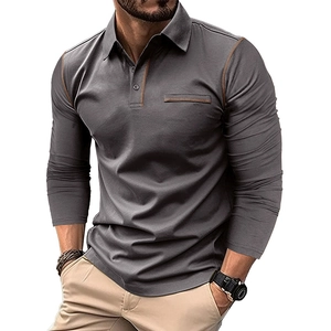 Detail view of long-sleeve polo shirt featuring contrast brown stitching and chest pocket