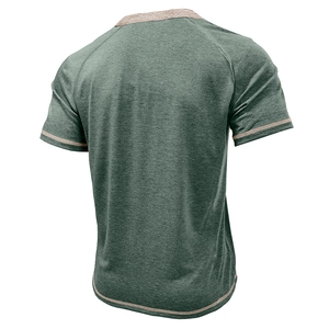Men's retro Henley shirt with dark green melange fabric and contrast beige raglan sleeves