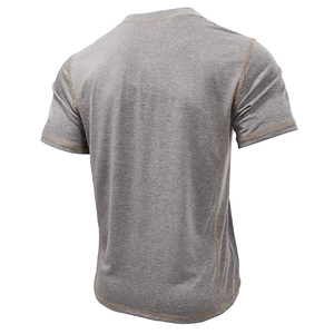 Detail of grey short sleeve Henley shirt with contrast stitching on shoulders