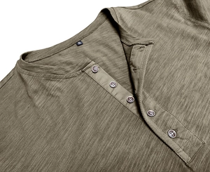 Detail view of olive Henley shirt neckline with five buttons and knit texture in size XL