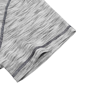 Macro shot of marl grey cotton blend fabric with contrast dark flatlock stitching detail