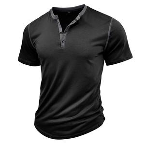Detail of black Henley T-shirt featuring grey contrast collar trim and three-button placket