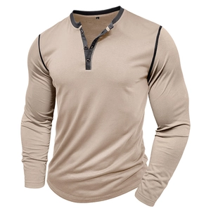 Detail view of khaki Henley shirt collar with grey contrast placket and three buttons