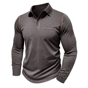 Detailed view of charcoal long sleeve polo shirt with copper contrast stitching