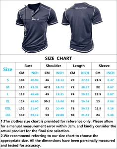 Size chart for men's Henley T-shirt with measurements for bust, shoulder, and length