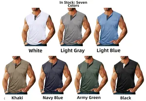 Canotta Henley senza maniche da uomo con scollo a tre bottoni in sette colori