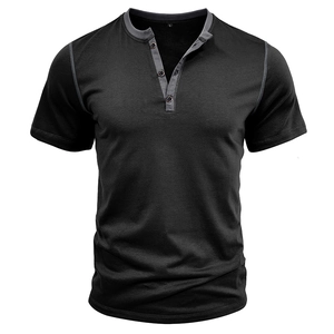 Detail of black Henley T-shirt featuring three-button placket and grey contrast trim
