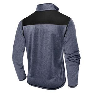 Back view of a men's gray sweatshirt with black shoulder panels and elasticated cuffs