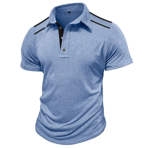Men's blue-grey knit short sleeve polo shirt with black trim and button collar detail