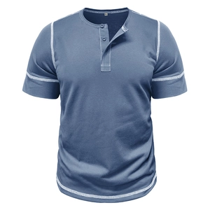 Men's blue muscle Henley shirt with three-button placket and white contrast stitching