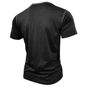 Back view of a black slim-fit athletic t-shirt with contrasting gray stitching detail
