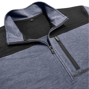 Detail of quarter-zip stand collar with vertical chest pocket on contrast tactical jacket