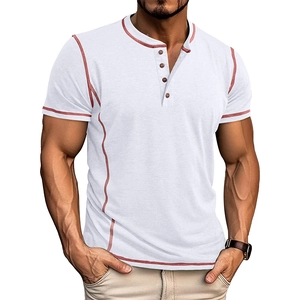 Detail of white Henley shirt with red contrast stitching and wooden buttons for men