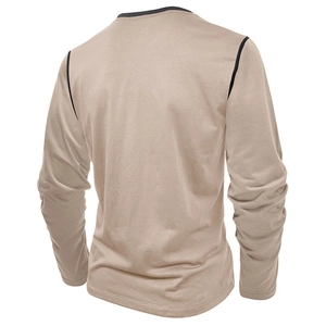 Rear view of men's khaki long sleeve Henley shirt with black contrast stitching detail