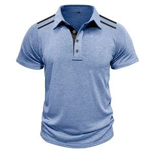 Men's blue short sleeve polo shirt with black shoulder stripes and buttoned lapel