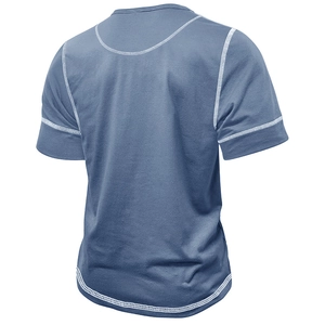 Men's grey-blue muscle Henley T-shirt with white contrast stitching on back view