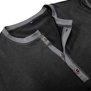 Close-up of charcoal gray Henley t-shirt neckline with contrast trim and three buttons