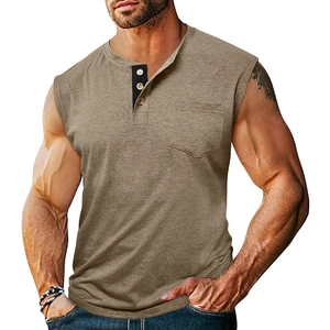 Canotta Henley da Uomo Senza Maniche Casual in Misto Poliestere e Viscosa Gilet da Palestra Con Taschino Chiusura Con Bottoni a Contrasto Top Sportivo Maglia Melange
