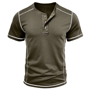 Men's olive green Henley shirt with three buttons and white contrast stitching detail