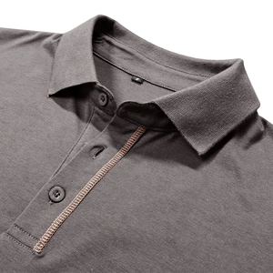 Close-up of dark grey knit polo shirt collar with brown contrast stitching details
