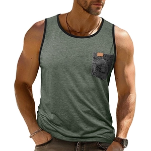 Débardeur Sans Manches pour Hommes Bordure Contrastée Poche Topographique Tissu Chiné Décontracté Sport Été Gilet Fitness
