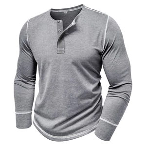 Detail of grey Henley shirt with white contrast stitching and three-button placket