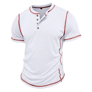 Close-up of white Henley shirt with contrasting red-brown stitching and wood buttons
