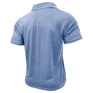 Men's short sleeve polo shirt in heather blue with contrast stitching and back view