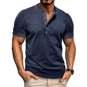 Men's navy blue slim fit Henley t-shirt with five buttons and textured knit fabric