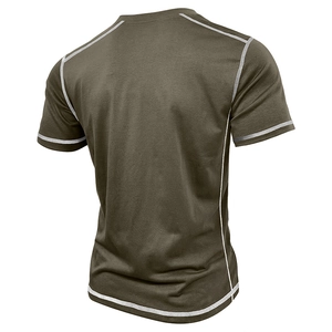 Men's olive green sports Henley shirt with contrasting white flatlock stitching on back