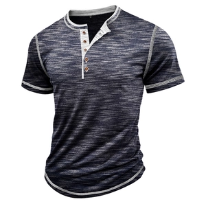 Macro detail of navy blue heathered Henley shirt collar with buttons and contrast stitching