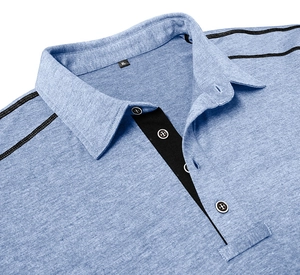 Detail of light blue knit Polo shirt with contrast black placket and XL size tag