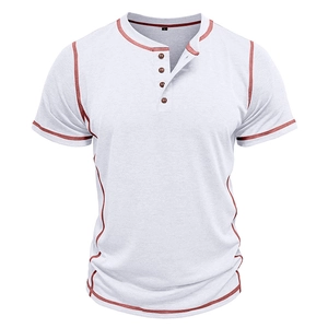 Detail of white cotton Henley t-shirt with reddish-brown contrast stitching and buttons