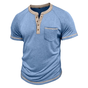 Detailed view of Henley shirt neckline with buttons and contrasting grey pocket trim