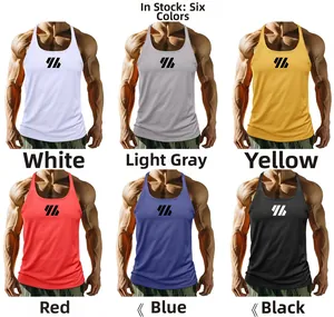 Men's slim fit gym tank tops shown in white, grey, yellow, red, blue, and black