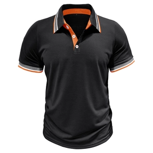 Detailed view of black polo shirt collar with orange stripes and white button placket